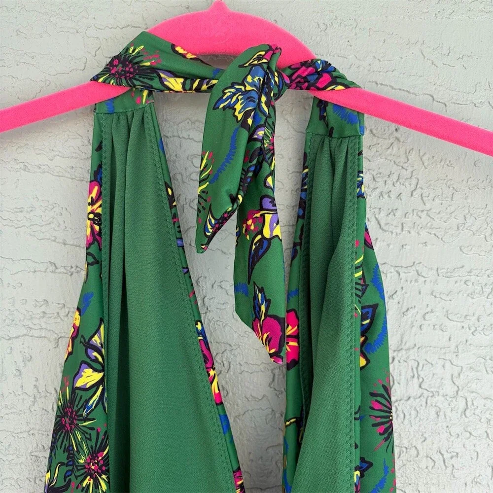 YMI One Piece Swimsuit Womens 2XL Plus Green Floral Halter Plunge Studded